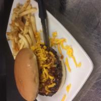 Chili and Cheese Burger · Our homemade chili topped with cheddar cheese and onions.