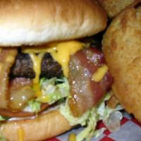 Bacon Cheese Burgers · Mayo, pickles, lettuce, tomatoes, hickory-smoked bacon, and cheddar cheese