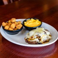 Chopped Sirloin Platter · A fresh ground beef patty seasoned and topped with your choice of A or B: 
A. Topped with ch...