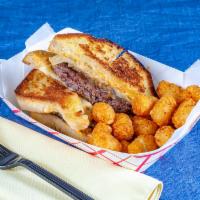 Patty Melt Burger · Angus beef patty with Swiss, caramelized onions, Broome sauce on Texas toast.
