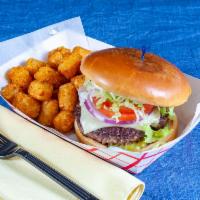 All American Burger · Angus beef patty with white American, lettuce, tomato, onion, and pickle.