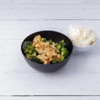 67. Chicken with Broccoli · Served with white rice.