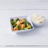 89. Shrimp with Broccoli · Served with white rice.