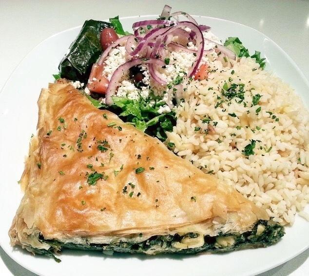 Spanakopita Platter · Spinach pie with feta and herbs baked in phyllo dough. Vegetarian.