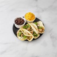 3 Taco meals · soft shell tacos, topped with cilantro and onions. Served with choice of a side.