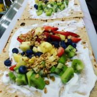 Fruity Breakfast Burrito · 🍍Pineapple, Blueberry, 🥝 Kiwi, 🍓Strawberry, Granola, 🍯 w/ Greek Yogurt Spread