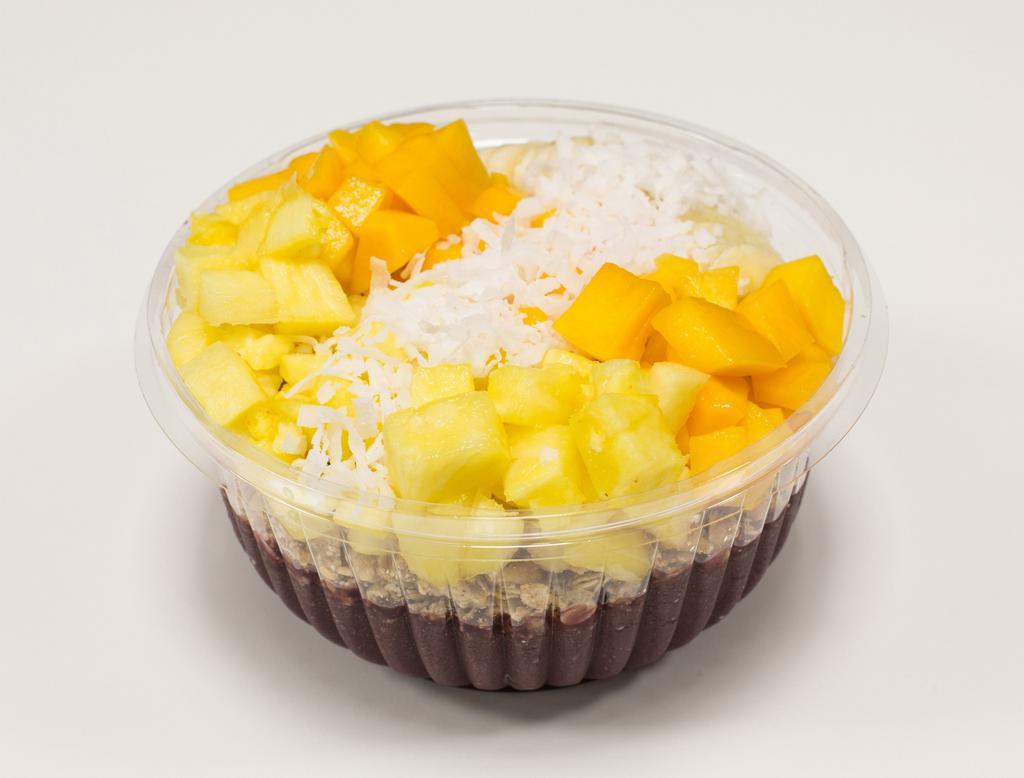 Totally Tropical Acai Bowl · Organic acai, granola, pineapple, mangoand shredded coconut.