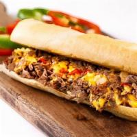Philly Cheesesteak · Classic philly style cheesesteak with American cheese, peppers and onions on your choice of ...
