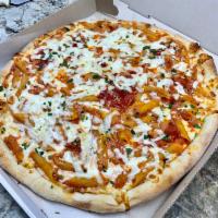 Baked Ziti Pie Pizza · Ricotta, mozzarella, romano, & tomato sauce.