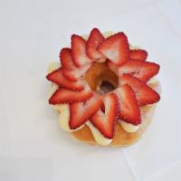 Strawberry Cream Cheese Donut · Glazed donut topped with cream cheese and fresh strawberries.