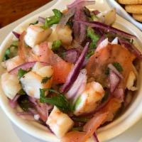 Camaron Ceviche · Freshly made to order. Steamed shrimps, onions, fresh lemon juice, cilantro, salt, pepper, d...
