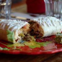 Burritos con Pollo · Shredded chicken wrapped in flour tortilla with rice, beans, lettuce, mozzarella cheese, pic...
