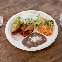 Taquito Combo · Crispy taquito with lettuce, sour cream, queso fresco and served with rice and beans.