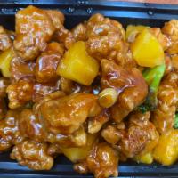 Pineapple chicken small (菠萝鸡 ) · General tso chicken in spicy sauce with pineapple chunks.NO RICE INCLUDED IF USING PROMO.