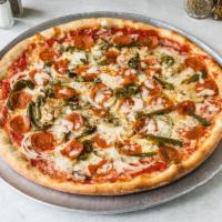 Supreme Pizza · Pepperoni, sausage, mushrooms, roasted red peppers, onions and mozzarella cheese.