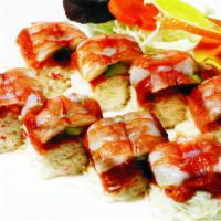 28. Tiger Roll · In: crabmeat, avocado, spicy tuna. Out: shrimp. Sauce: eel, spicy mayo.