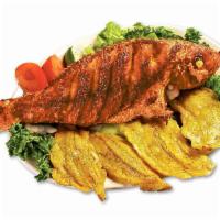 Mojarra Frita · Fried Porgy Served with Fried Plaintains, Rice and Salad 