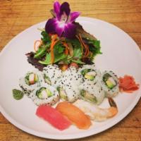 Sampler · California or spicy tuna roll, tuna salmon shrimp nigiri, green salad with ginger dressing. 