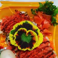 Crunchy crab  · Crab stick, cucumber, tempura flakes
Spicy mayo, and Eel sauce