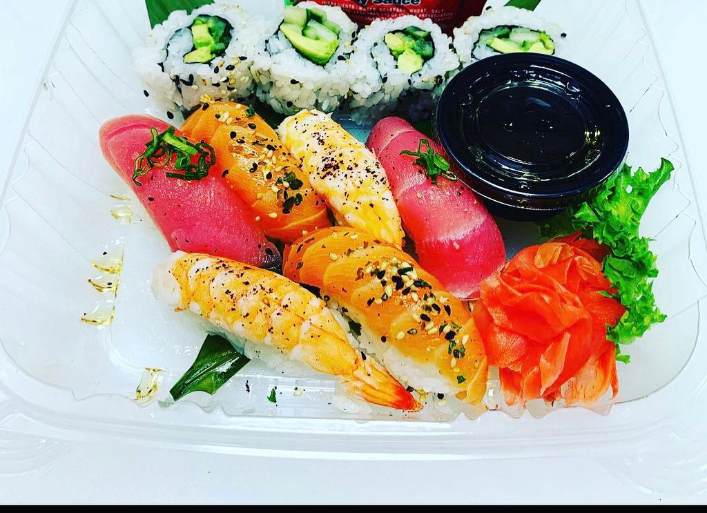 Nigiri combo  · 2 pieces of Tuna, Salmon, and shrimp 
4 pieces Avocado cucumber roll served with a side of yuzu ponzu