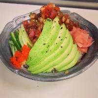 Tuna Poke Bowl · Happy rice or greens, avocado, onion, furikake seasoning, cucumber.