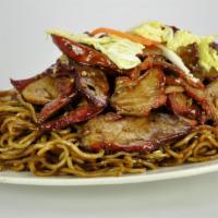 Roast Pork Chow Mein · Jumbo shrimp on top of chow mein. 