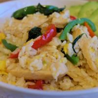 T14. Chicken Basil Fried Rice · Spicy fried rice with egg, garlic, chili, onion, bell pepper, and basil.