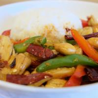 T18. Chicken Pad Cashew  · Stir-fried garlic, chili, onion, bell pepper, roasted sweet chili paste, and cashew nuts.