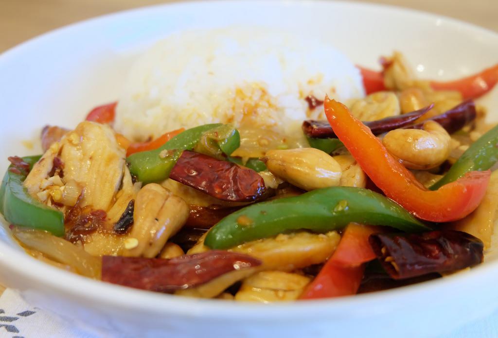 T18. Chicken Pad Cashew  · Stir-fried garlic, chili, onion, bell pepper, roasted sweet chili paste, and cashew nuts.