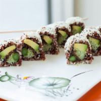 Green River Special Roll · Shiitake and cucumber, and pineapple topped with avocado and nori sprinkles, rolled with Bhu...