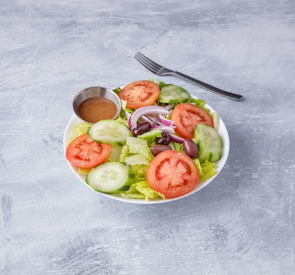 House Salad · Romaine spring mix, tomato, onion, cucumbers, olives and carrots.