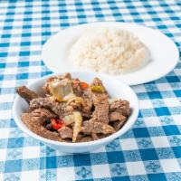Rice, Beans with Pepper Steak · 