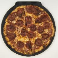 Pepperoni Pizza · Tasty slices of pepperoni on top of marinara, mozzarella, parmesan, and pecorino romano.
