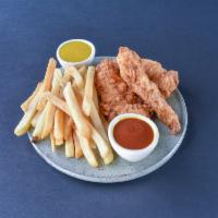 Hand-Breaded Chicken Tenders · Hand-Breaded chicken tenders and fries,
served with ketchup and ranch.