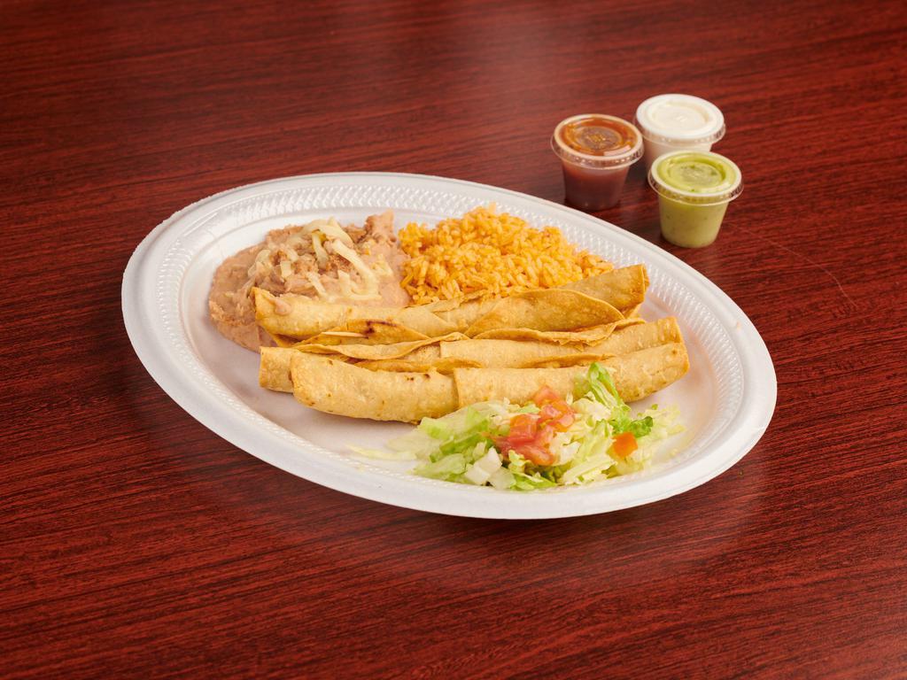 Flautas · 3 Chicken or Beef Flautas. Served with sour cream, guacamole, rice and beans