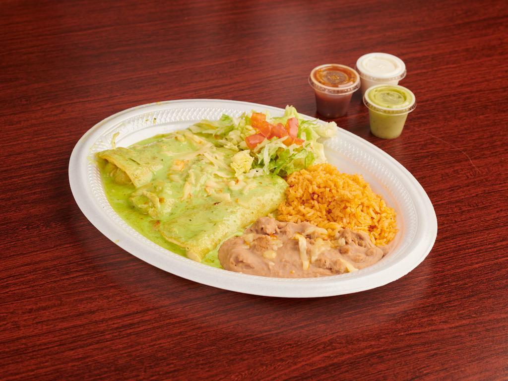 Enchilada Plate · 3 red, green, or mole enchiladas. Served with a side of rice and beans.
