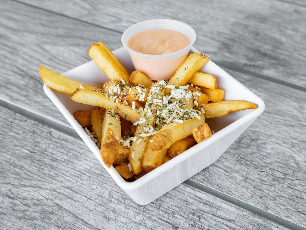 Greek Fries · Fresh fries garnished with oregano and finished off with our delicious feta cheese.