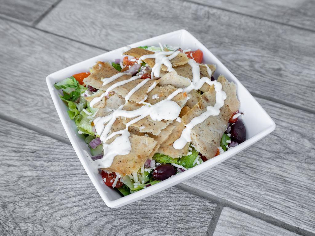 Chicken Salad · Juicy grilled chicken piled on top of Greek salad. With a choice of our savory Sauces.