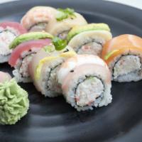 12. Rainbow Roll · Rice, tuna, salmon, whitefish (tilapia), shrimp ebi, avocado, crab meat and cucumber. (8 pcs)