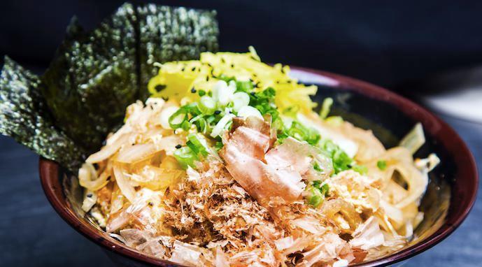 33. Shrimp donburi · A bowl of rice topped with shrimp, onion, egg simmered with donburi sauce. Served with pickled radish, scallions, pickled ginger, seaweed, and fish flakes