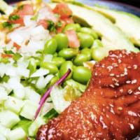 38. Salmon Teriyaki Bowl · Salmon teriyaki, lettuce, edamame, pico de gallo, and avocado