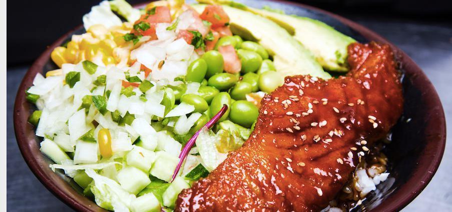 38. Salmon Teriyaki Bowl · Salmon teriyaki, lettuce, edamame, pico de gallo, and avocado