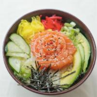 40. Salmon Don · Salmon Sashimi over sushi rice, pickled radish, seaweed, ponzu sauce