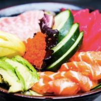 42. Chirashi · Salmon, Tuna, white fish over sushi rice, cucumber, seaweed salad, lemon, ponzu sauce