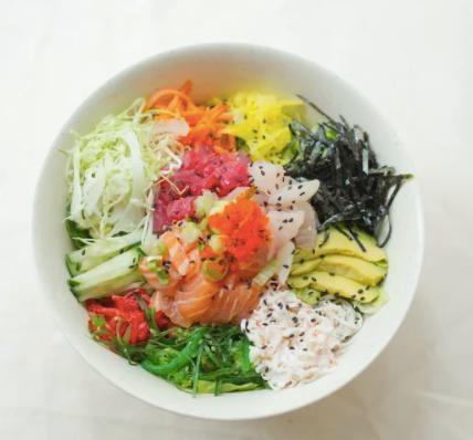 43. Raw Fish Salad Over Rice · Salmon, Tuna, White fish, Crab Meat, Avocado, Seaweed Salad, Lettuce, pickled radish, pickled ginger, masago over sushi rice. Served with gochujang sauce (spicy)