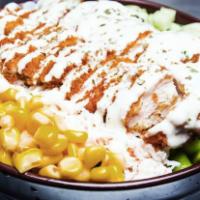 44. Chicken Poke Bowl · Chicken katsu, crab meat, avocado, edamame, cucumber, corn, lettuce over rice