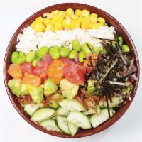 48. Tuna & Salmon Poke Bowl · Tuna, Salmon, crab meat, avocado, cucumber, edamame, corn, lettuce over rice