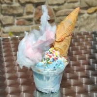 The Galaxy Sundae · Cotton candy ice cream, rainbow sprinkles, white chocolate syrup, whipped cream, and birthda...