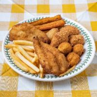 Seafood Combination · 2 piece whiting, 4 shrimps, 4 scallops, 4 crab stick with choice of french fries, fried vegg...