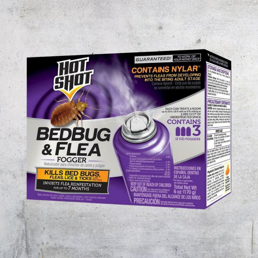  Hot Shot - Bed Bug and Flea Flogger [2 oz. (1 Can)]  ·  Kills both adult and pre-adult (larvae) fleas and their hatching eggs for up to 8 weeks. Also kills lice, bedbugs and ticks. 1 can treats up to 2,000 cubic feet. Fast acting for long term control. Kills on contact. No lingering odor. Contains nylar. 
